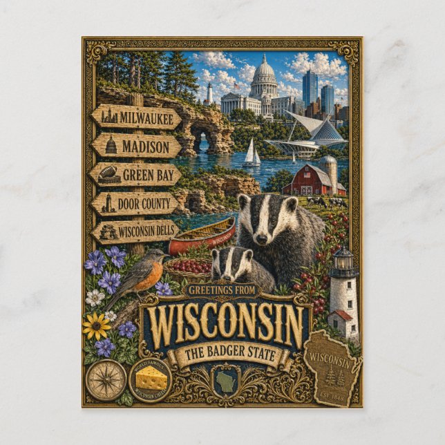 Hälsningar från Wisconsin | Vintage Retro Konst Vykort (Framsida)