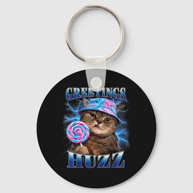 Hälsningar Huzz Roligt Kattmeme Bootleg Grafiska K Nyckelring (Framsida)