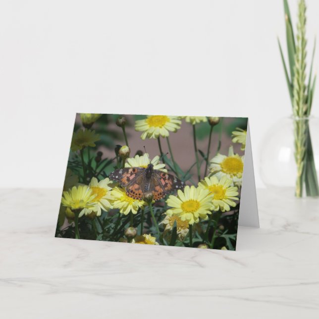 Hälsningkort med fjärilen och gula blommor kort (Framsida)