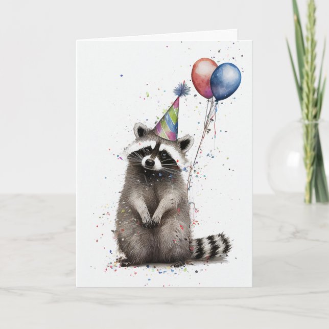 Hälsokort för Raccoon Födelsedagsfest Kort (Framsida)