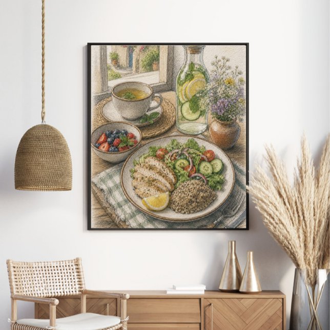 Hälsosam medelhavslunch vid fönster färgpenna poster (Skapare uppladdad)