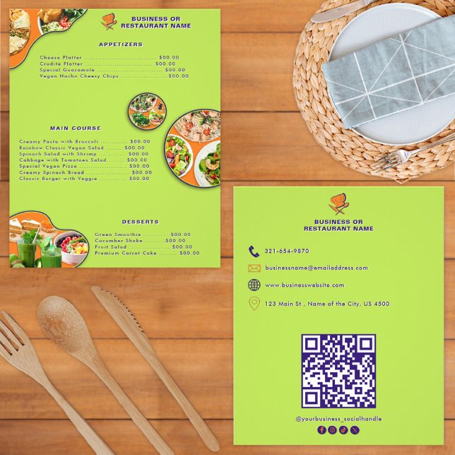 Hälsosam meny och prislista Vegansk restaurang (Skapare uppladdad)