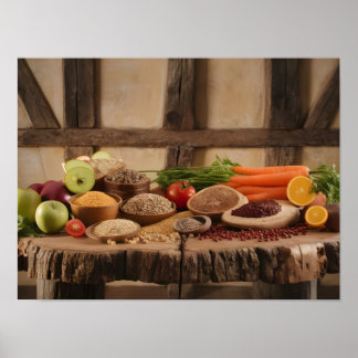 Hälsosamt urval av livsmedel i Rustic Wooden Backg Poster