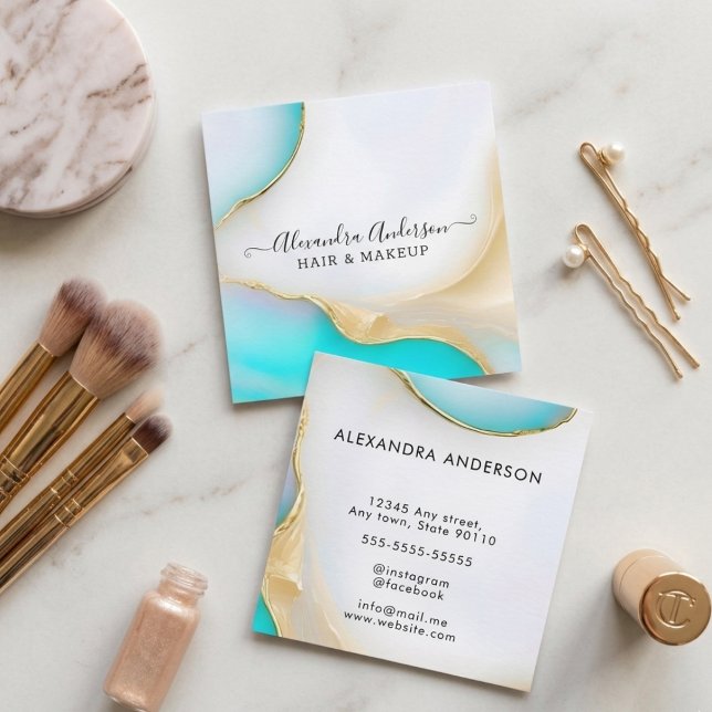 Halt av honinblått och vitt agat Guld Fyrkantigt Visitkort (Feminine Blue and White Agate Gold Accents Square Business Card)
