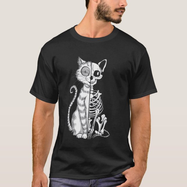 Halv katt, halv skelett Halloween-illustration T Shirt (Framsida)