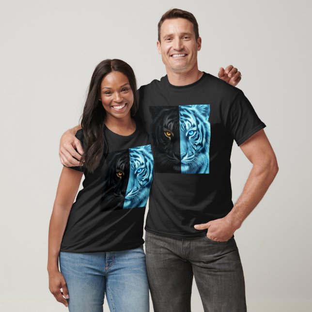 Halv Svart Halv Blå Eld Tiger Ansikte Digital Kons T Shirt (Unisex)