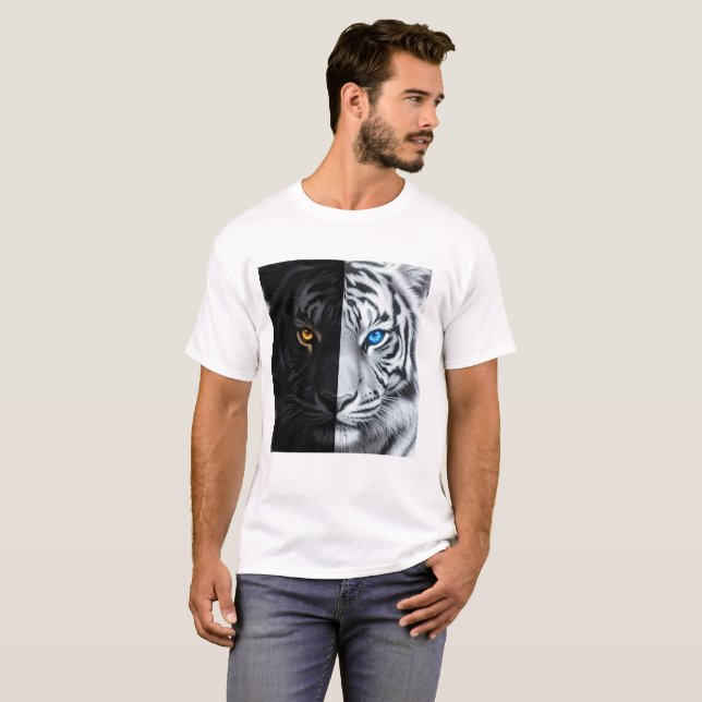Halv svart halv vit eldtiger ansikte digital konst t shirt (Hel framsida)