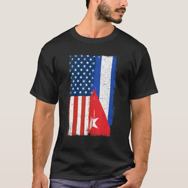 Halva kubanska halvamerikanska Flagga Kuba Amerika T Shirt (Framsida)