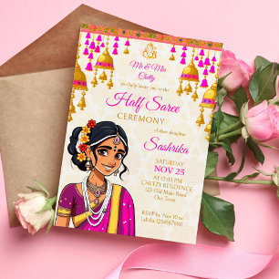 Halva Saree-ceremonin, söt indiansk flicka guld kl Inbjudningar