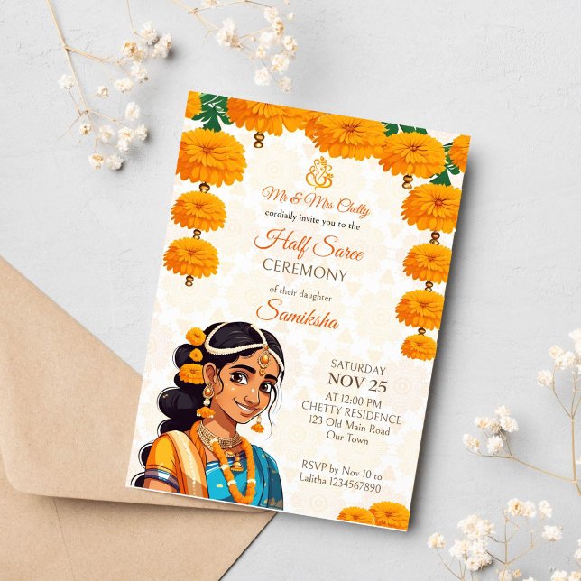 Halva Saree-ceremonin söt indiansk flicka med mari Inbjudningar (Half saree ceremony template invitation instant download cute Indian girl in traditional clothes)