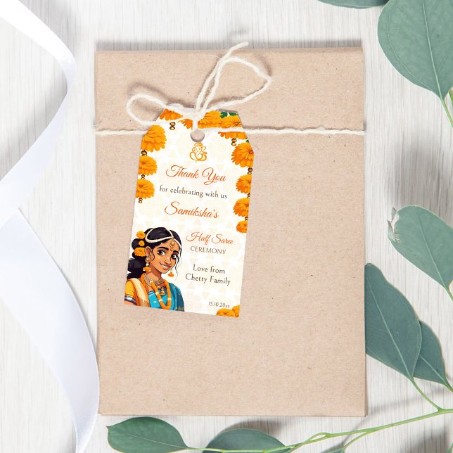 Halva Saree-ceremonin, söt indiansk flickvän Presentetikett (Half Saree ceremony cute Indian girl favor Gift Tags marigolds favor tags)