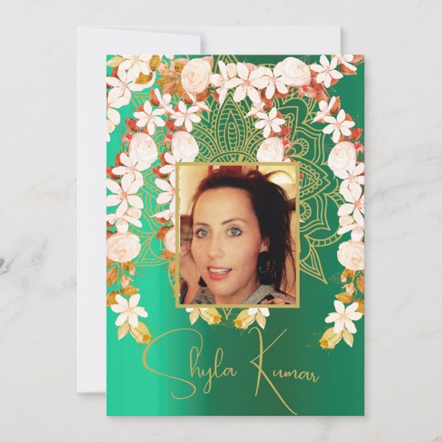 Halva Saree Ceremony Hindu Blommigt Garland Grönt Inbjudningar (Framsida)
