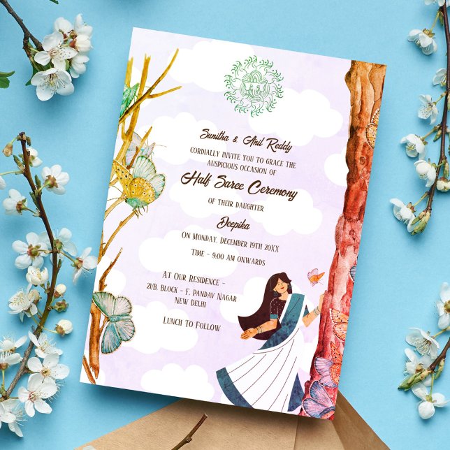 Halva Saree Ritu Kala Samskara Butterfly Inbjudningar (Skapare uppladdad)