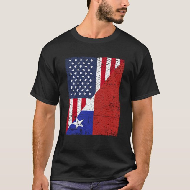 Halva USA-flaggan Halva Chilenska flaggan Amerikan T Shirt (Framsida)