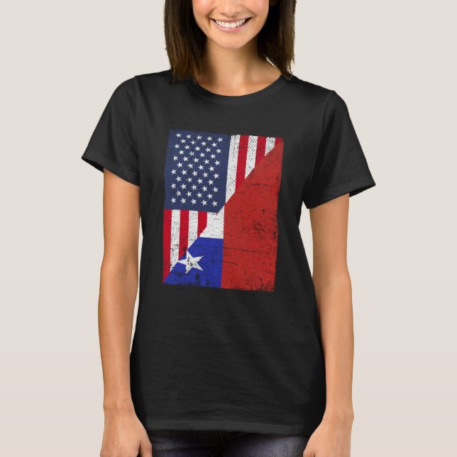 Halva USA-flaggan Halva Chilenska flaggan Amerikan T Shirt (Framsida)