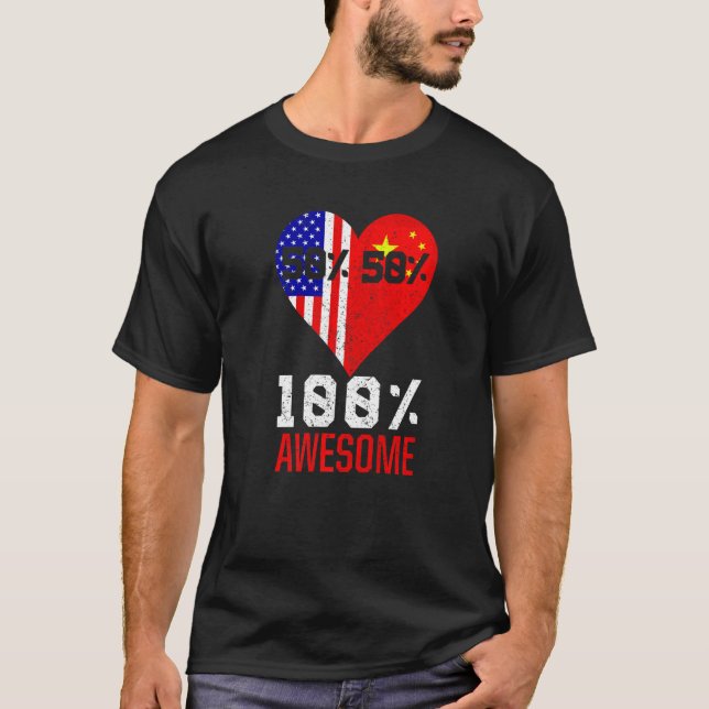 Halvamerikansk Flagga av kinesiskt hjärta i USA-Ch T Shirt (Framsida)