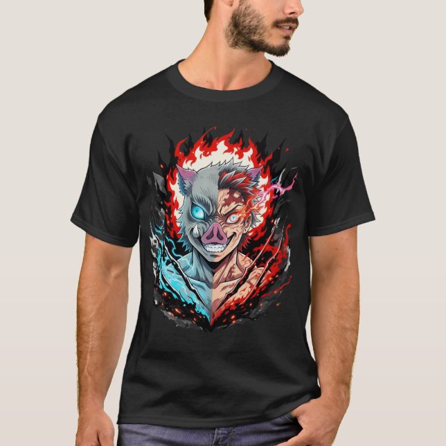 Halvdemonkrigarmask – Anime-stil Eld och Is T Shirt (Framsida)