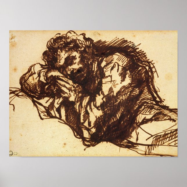 Halvlängd porträtt av en man som böjer sig över poster (Framsidan)