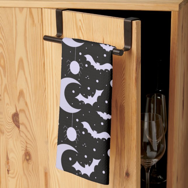 Halvmånar, spindlar och fladdermöss Svart Hallowee Kökshandduk (Thirds Fold)