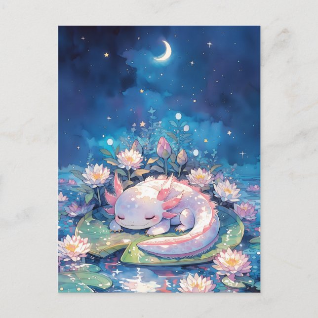 Halvmåne Akvafärgs Sövande Axolotl Vykort (Framsida)