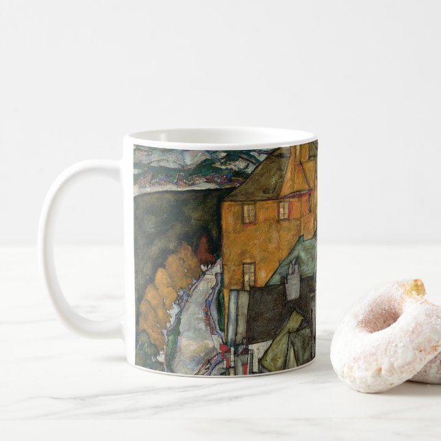 Halvmåne av hus II, Island Town av Egon Schiele Kaffemugg (Med munk)