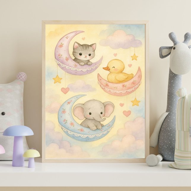 Halvmåne Baby Djur Baby Flicka Barnkammare Poster (Crescent Moon Baby Animals Pastel Colors Nursery Wall Art. Pink, Blue, Yellow and Purple)