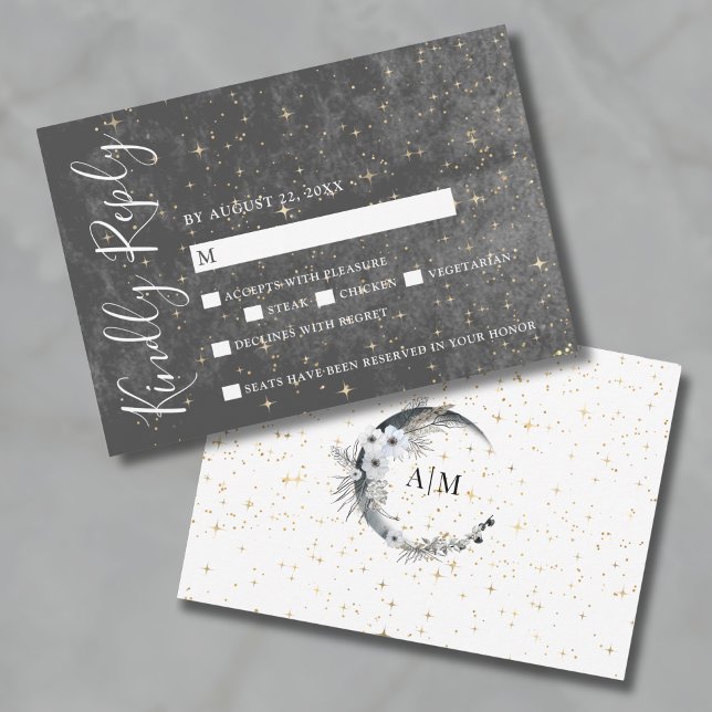 Halvmåne Guld Celestial Bröllop RSVP-kort OSA Kort (Crescent Moon Gold Celestial Wedding RSVP Card)
