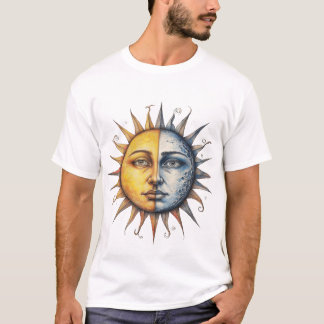 Halvmåne Halv Sol Människans Ansikte – Celestial D T Shirt