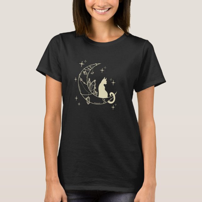 Halvmåne Katt Stjärna Mystisk Celestial Katt Kärle T Shirt (Framsida)