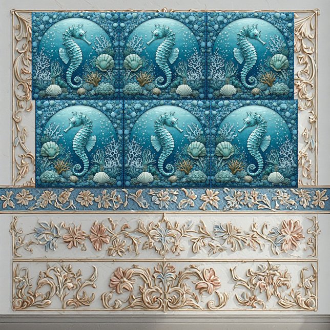 Halvmåne Kustkorallrev Marinliv Sjöhäst Kakelplatta (Half Moon Coastal Coral Reef Marine Life Seahorse Ceramic Tile)
