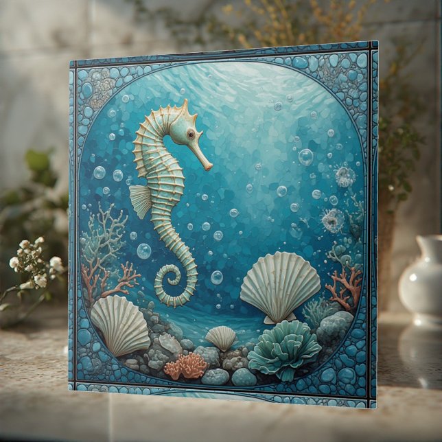 Halvmåne månljust kustsjähäst tropisk korall kakelplatta (Crescent Moonlit Coastal Seahorse Tropical Coral Ceramic Tile)