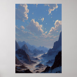 Halvmåne över dimmig bergdal poster