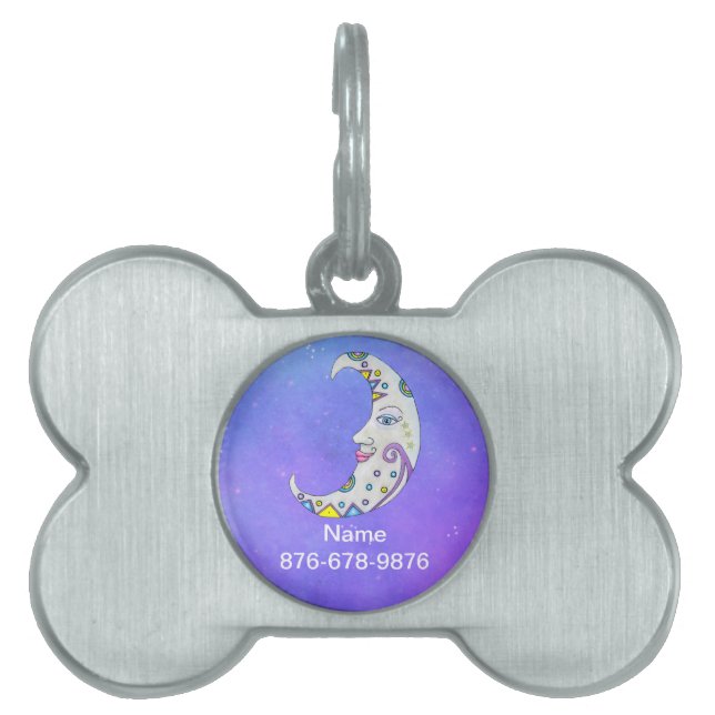 Halvmåne Söt Ansikte Färgglada Markeringar Lila ID-bricka Husdjur (Framsidan)