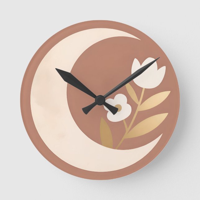 Halvmåne Tulpan Blommig Minimalistisk Rund Klocka (Framsida)