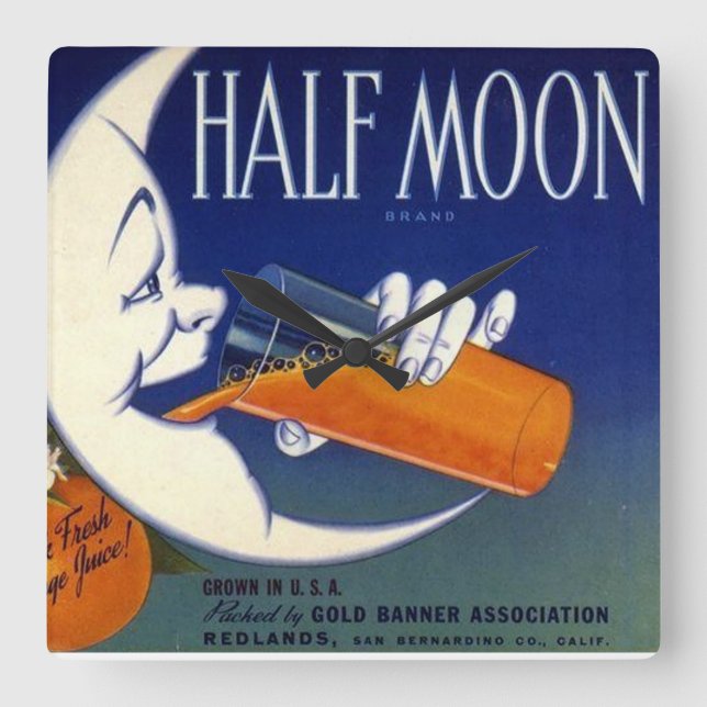Halvmånen brännmärker orangar lådaetiketten fyrkantig klocka (Framsida)