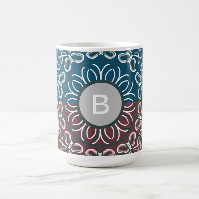 Halvtonad trendig blå mauve spetsmonogram kaffemugg (Center)