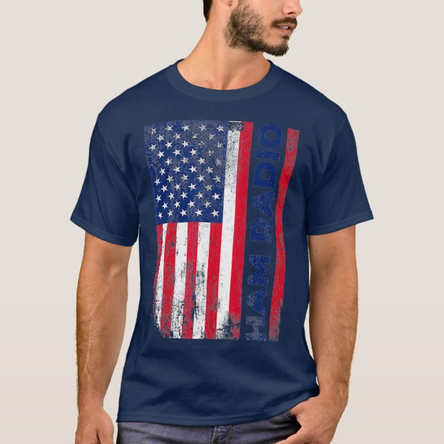 Ham Radio American Flagga Distress T Shirt (Framsida)