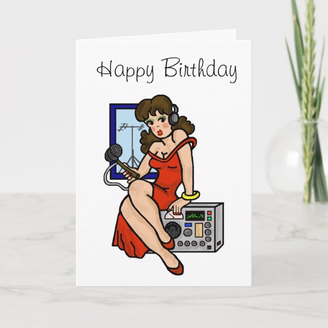 Ham Radio Brunette Pin-up Girl Greeting Card Kort (Framsida)