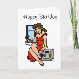 Ham Radio Brunette Pin-up Girl Greeting Card Kort