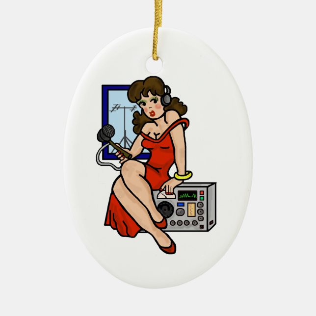 Ham Radio Pin-up Girl Brunette-julprydnad Julgransprydnad Keramik (Framsidan)