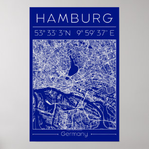 Hamburg Blueprint Stadskarta Affisch Minimal Väggk