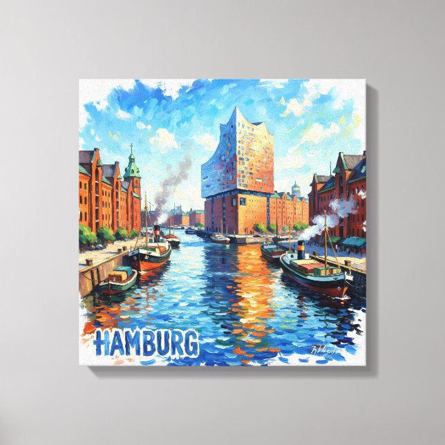 Hamburg Hamn Ljusreflektioner Canvas Konst (Framsida)
