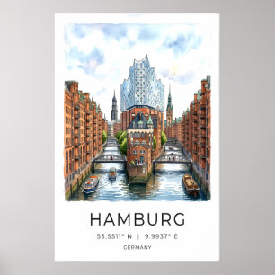 Hamburg Kanal Konsttryck - Vattenfärg Stadsmiljö Poster