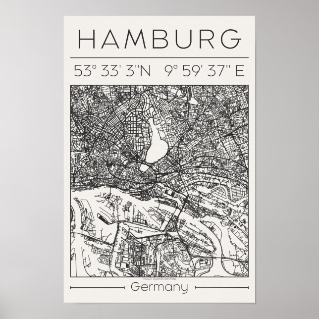 Hamburg Kolstadskarta Affisch Minimal Tyskland (Framsidan)