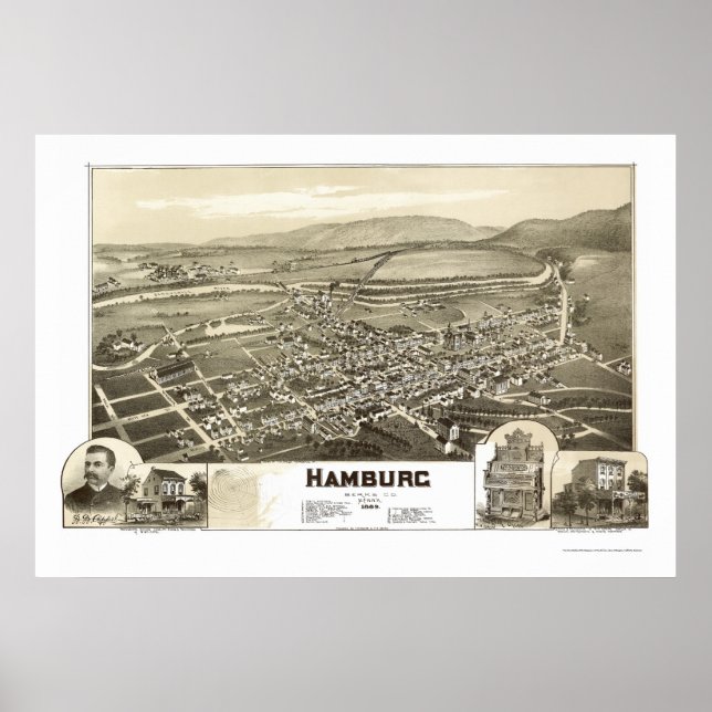 Hamburg, PA Panoramic Karta - 1889 Poster (Framsidan)