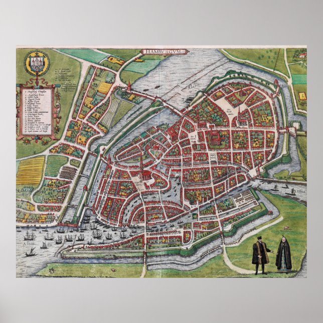 Hamburg Tyskland 1600 plan karta Poster (Framsidan)