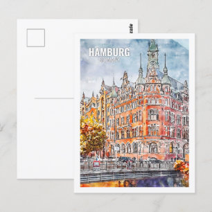 Hamburg Tyskland Berömd Travel Ställe Watercolor Vykort