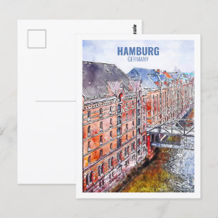 Hamburg Tyskland Berömd Travel Watercolor Sketch Vykort