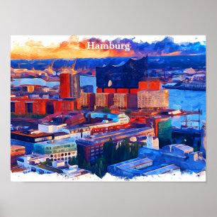 Hamburg Tyskland City View Watercolor Poster