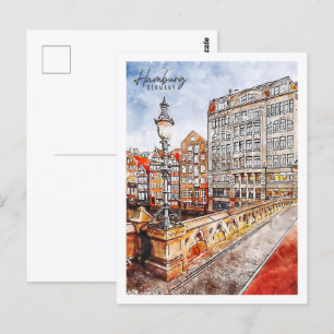 Hamburg Tyskland Travel Ställe Watercolor Vykort